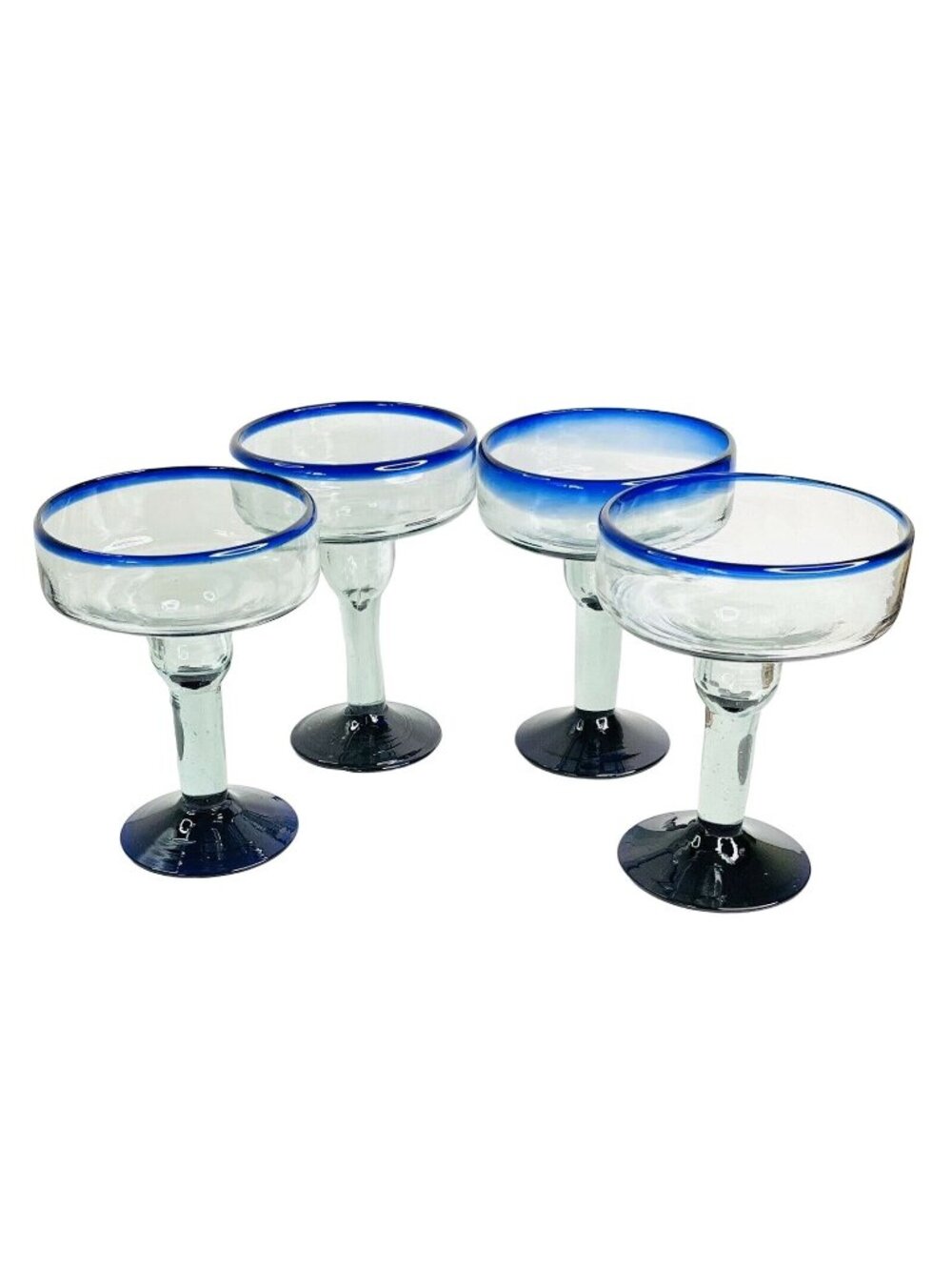 Margarita Glass Set Mexican Hand Blown Heavy Cobalt Blue Rim & Foot 16oz 4 pc